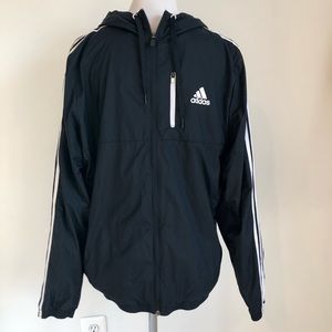 Adidas Black Lightweight Full Zip Windbreaker Hooded Jacket, size Large